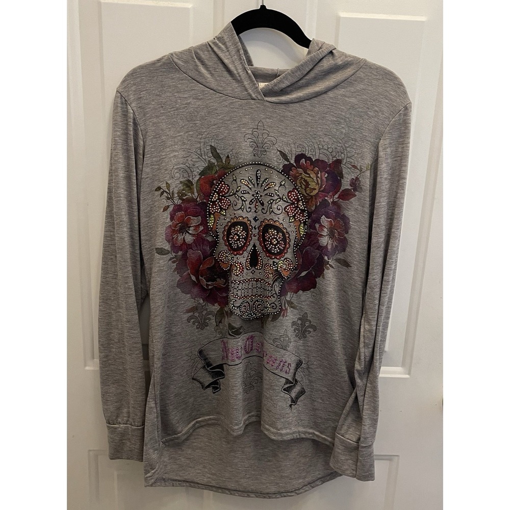 Sweet Gisele Gray‎ HIgh-Low Hoodie New Orleans Bling Skull Mardi Gras Womens L
